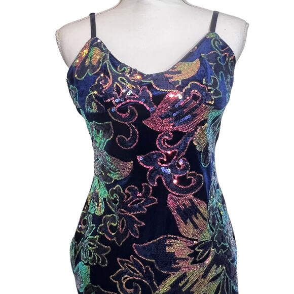 Chicme Sequin Midi Dress Blue M All Over Sequin Open Back Side Slit Bling Party - Picture 7 of 16